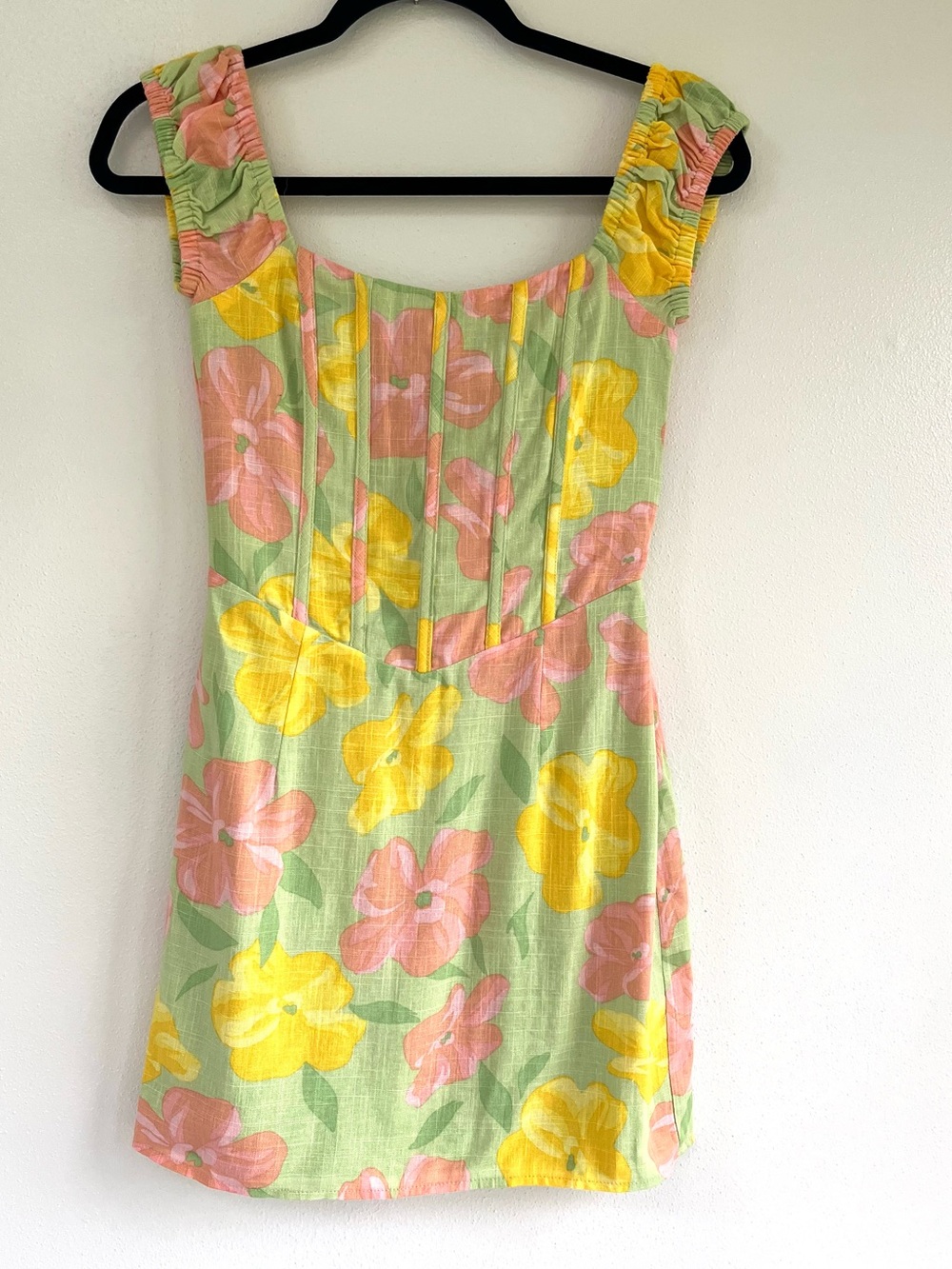SABO Tille Mini Dress Rose Fill Green Yellow NWT Off Shoulder Corset Style SZ XS
